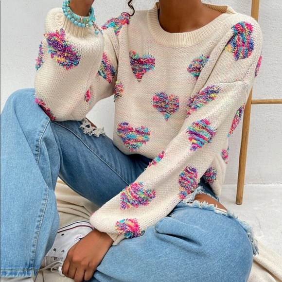 Sweater heart rainbow knit womens fuzzy cute - Picture 3 of 13